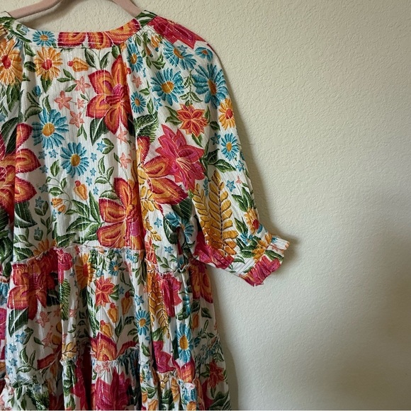 En Crème Floral Printed Puff Sleeve Tiered Mini Dress with Lurex Medium - Picture 6 of 15